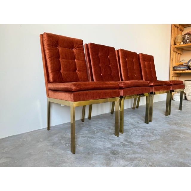 Orange Set of Four Mid- Century Brass & Orange Velvet Chenille Dining Chairs by Milo Baughman for Dia For Sale - Image 8 of 12
