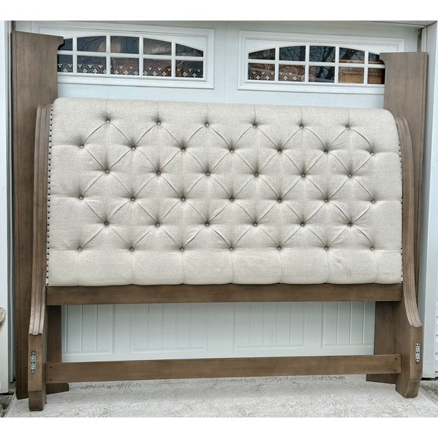 Taupe Wood King Sleigh Bed Vintage Transitional Style Tufted Upholstered Linen Taupe For Sale - Image 8 of 15
