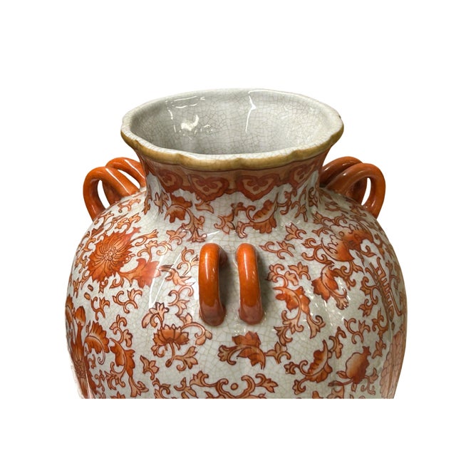 Vintage Oriental Orange Red Floral Baluster Shape Porcelain Art Vase For Sale - Image 9 of 13