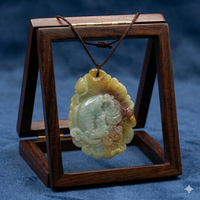 Jade Quality Carved Jade Pendant With Fish Biting Fortune on Lotus Leaf For Sale - Image 8 of 8