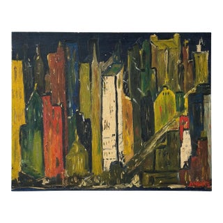 Vintage New York Skyline Acrylic on Board Painting, Signed Andre, Circa 1950s For Sale