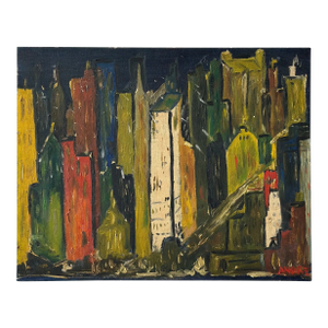 Vintage New York Skyline Acrylic on Board Painting, Signed Andre, Circa 1950s