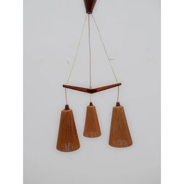 Cascading pendant lamp made of teak and cord by Temde, Germany, 1960s. Elegant Scandinavian design with a solid teak frame...