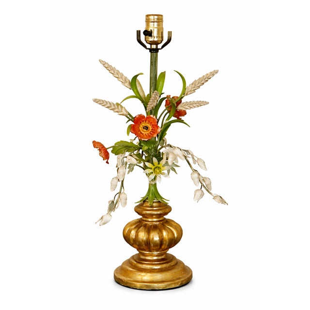 Mid-Century Hollywood Regency Italian Giltwood & Floral Tole Table Lamp For Sale In Atlanta - Image 6 of 6