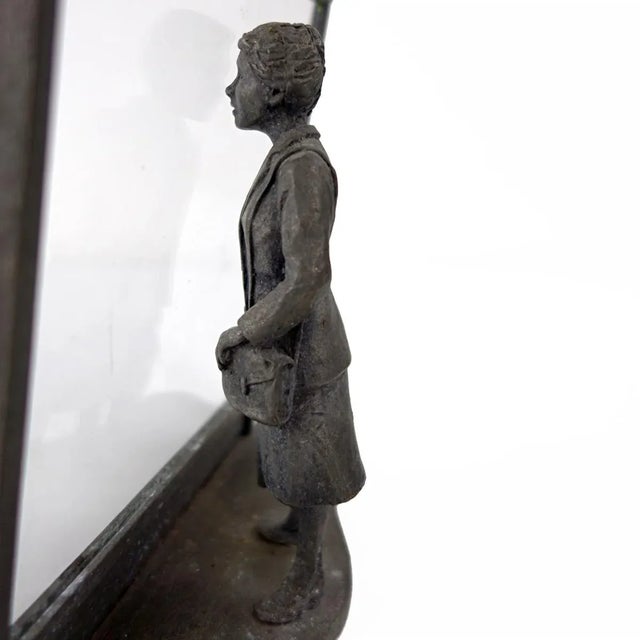 Metal Vintage Zinc Statue of a Flemish Lady Who is Window Shopping at UNIC Supermarket For Sale - Image 7 of 11
