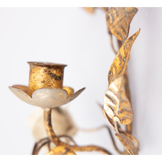 Vintage Italian Gilt Tole & White Roses Candle Sconce For Sale In Houston - Image 6 of 8