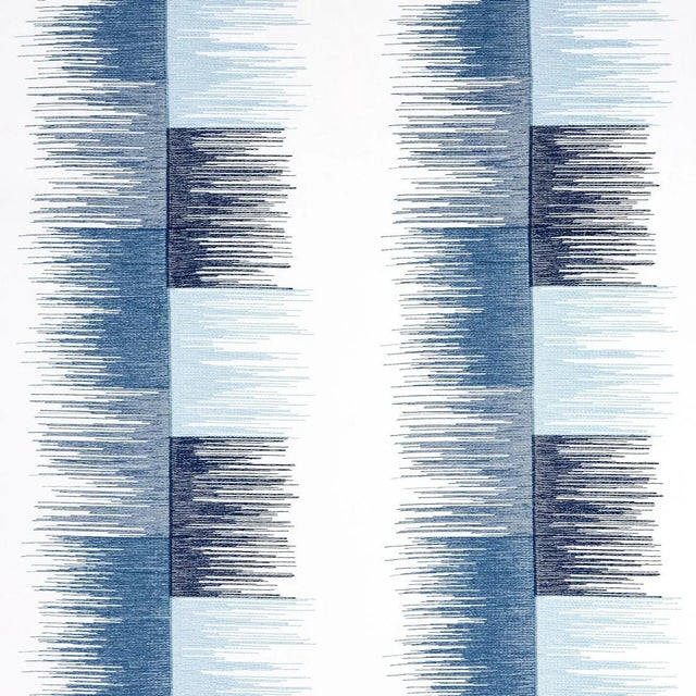 Schumacher Sunburst Stripe Embroidery Fabric, Blue For Sale