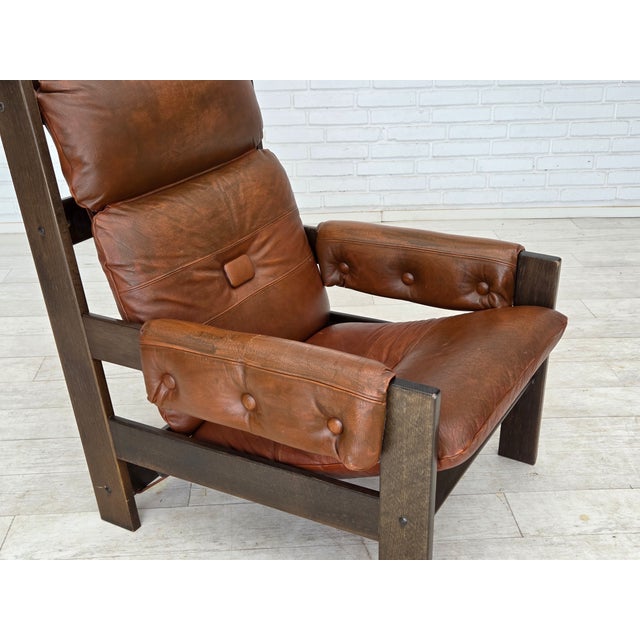1970s, Scandinavian armchair. Brown furniture leather, canvas, oak wood. Original good condition: no smells, no stains and...