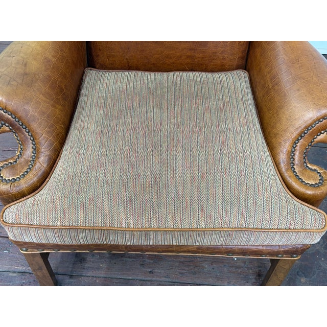Embossed Cognac Leather Wing Back Chair by Davis and Shaw For Sale - Image 10 of 17