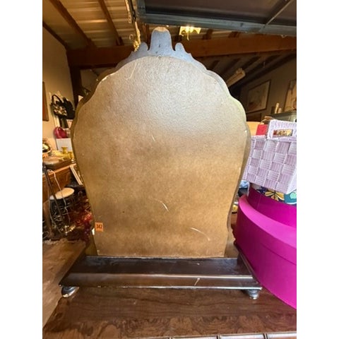 27.50" wide 24.25" high 8" deep base Mirror size alone is 15" wide and 19" high Stained oak Art Deco stand alone vanity...