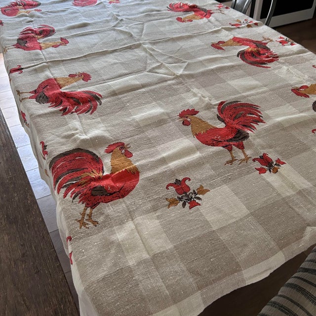 Vintage Rooster French Provincial Cream & Taupe Check Linen Tablecloth For Sale - Image 9 of 10