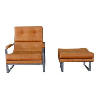 Milo Baughman Style Tufted Lounge Chair and Ottoman For Sale