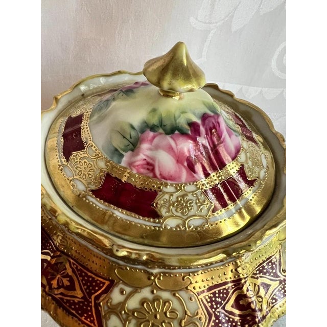 Antique Nippon Morimura Floral Moriage Biscuit Jar, Gold & Mauve For Sale - Image 14 of 15