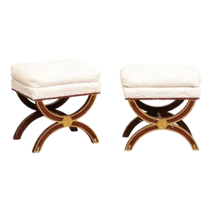 Mid 20th Century French Curule Style Upholstered Stools - A Pair