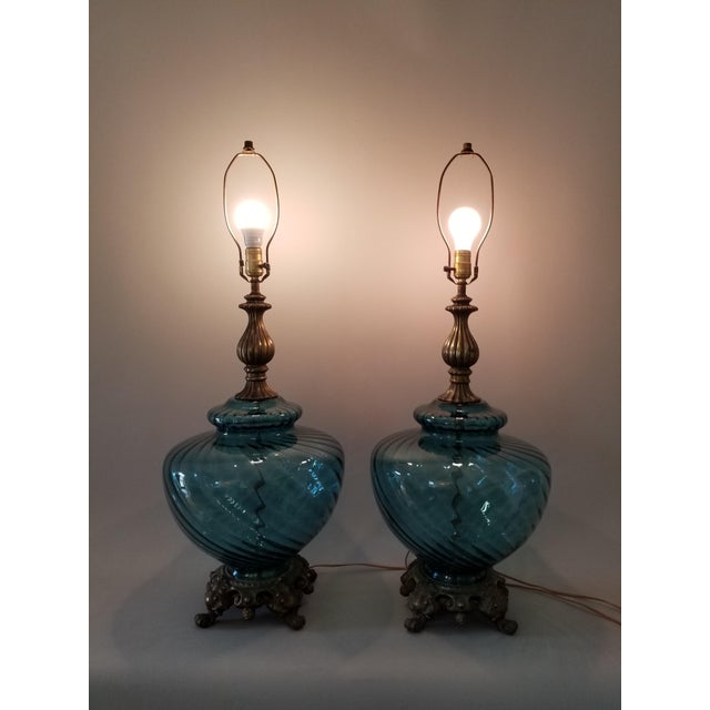 1970s Hollywood Regency Ef Ef Industries Blue Glass Lamp Set