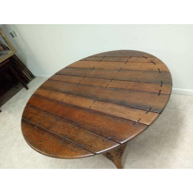 Wood 1980s Brazilian Hardwood lashed planks Dining Room Pedestal Table arts crafts mcm For Sale - Image 7 of 10