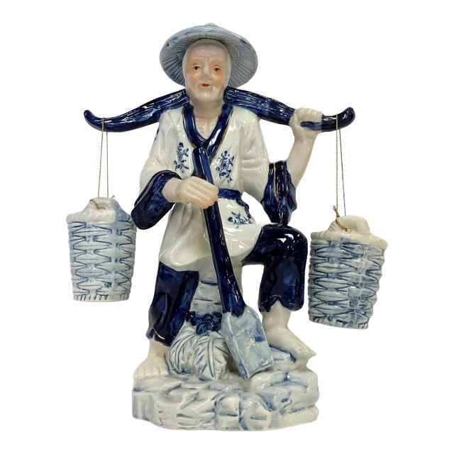 Vintage Blue and White Porcelain Asian Figurine Carrying Baskets For Sale