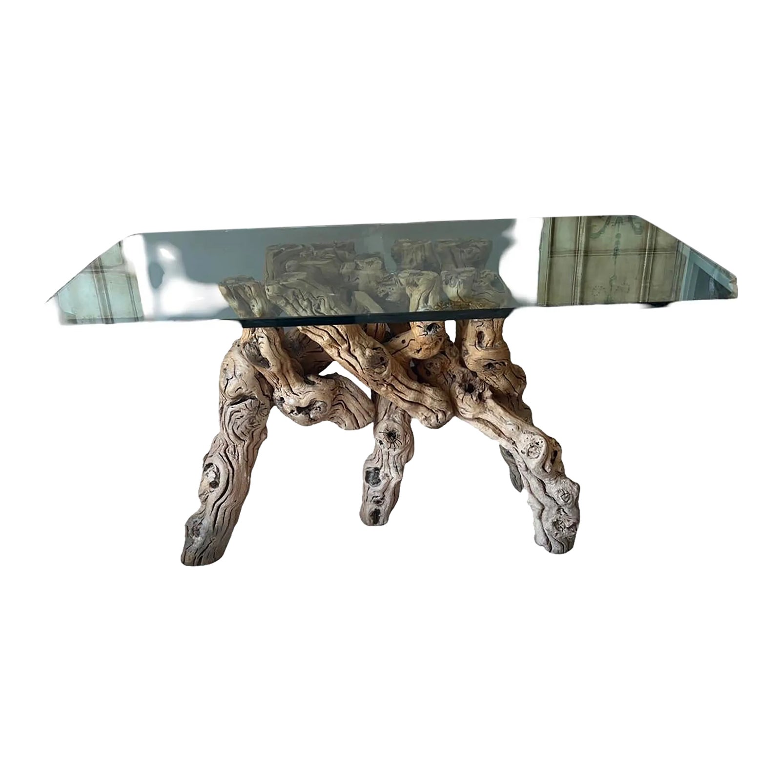 Vintage Contemporary Root Center Wood Table With Crystal Top. | Chairish