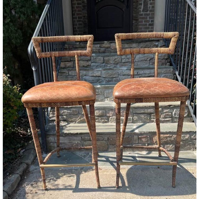 Maitland - Smith Elevate Your Home Bar or Kitchen Island With This Stunning Pair of Maitland-Smith Campaign-Style Bar Stools. For Sale - Image 4 of 11