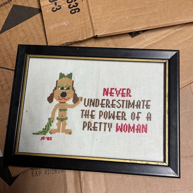 American Handcrafted Pretty Woman Power Needlepoint For Sale - Image 3 of 3