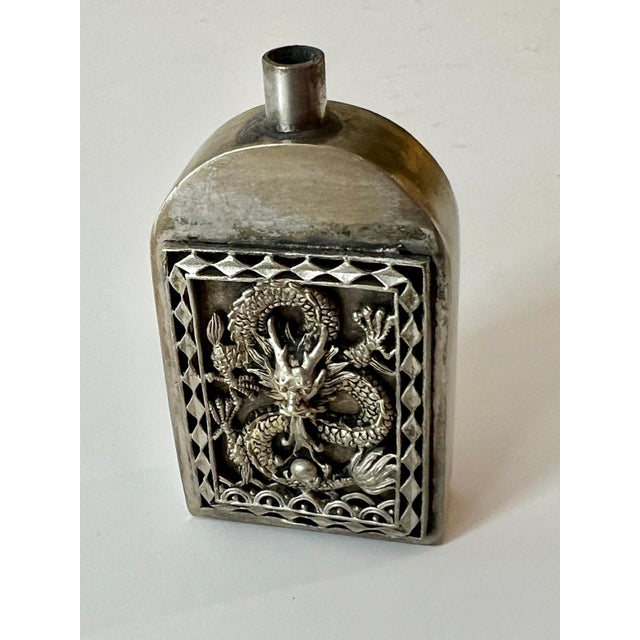 Metal Patinated Silver Chinese Repousse Dragon Perfume Bottle For Sale - Image 7 of 8