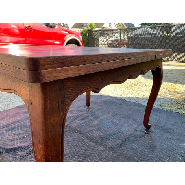 1920s French Provincial Oak Parquet Draw Leaf Dining Table For Sale - Image 10 of 11
