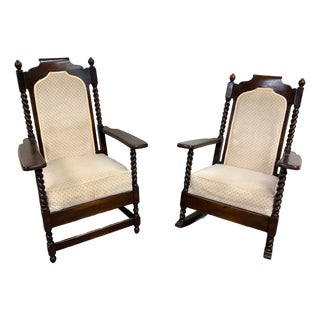 Vintage Jacobean Revival or Tudor Style Barley Twist Oak Armchair and Rocker Set For Sale