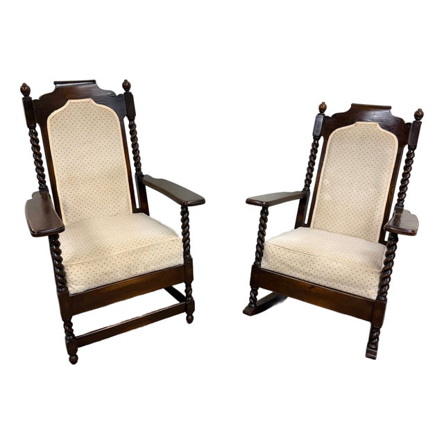 Vintage Jacobean Revival or Tudor Style Barley Twist Oak Armchair and Rocker Set For Sale