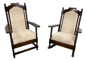 Vintage Jacobean Revival or Tudor Style Barley Twist Oak Armchair and Rocker Set