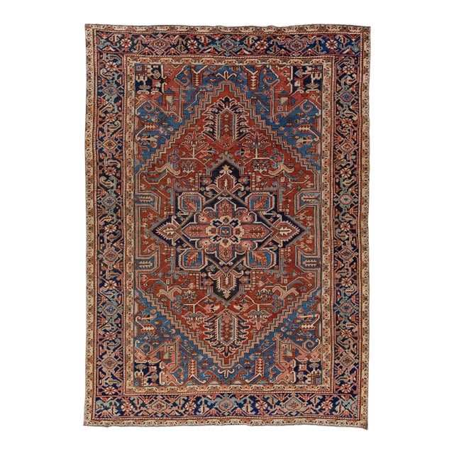 Rust Antique Persian Heriz Handmade Wool Rug With Medallion Design For Sale