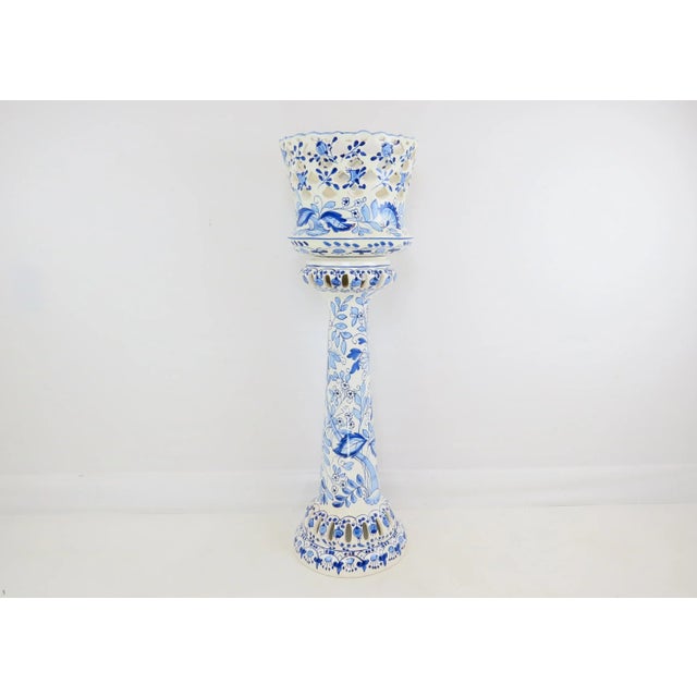 Vintage 1970s Spanish Ceramic Blue & White Reticulated Jardiniere Planter on Pedestal For Sale - Image 12 of 12