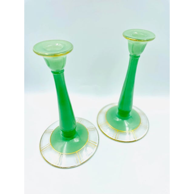 Early 20th Century Art Deco Jadeite-Style Candle Holders With Chronograph Gold Leaf Motif - a Pair For Sale - Image 4 of 12