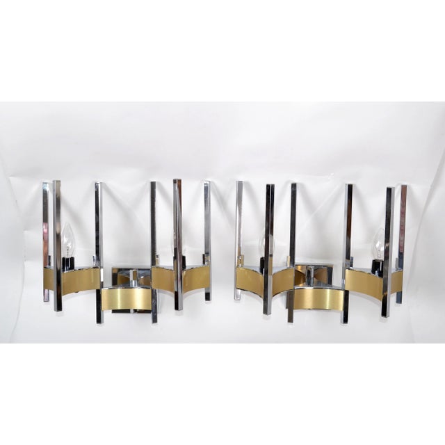 Metal Gaetano Sciolari Two Lights Wall Sconces Brass & Chrome, Italy 1970s - Pair For Sale - Image 7 of 10