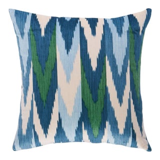 Schumacher Kashgar Velvet Ikat 20" Pillow in Peacock & Emerald For Sale