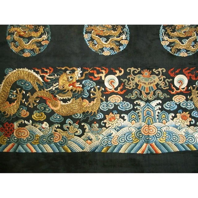Late 19th Century Antique Chinese - Textile Small Scatter Size Silk & Metallic Thread Black Rug For Sale - Image 5 of 9