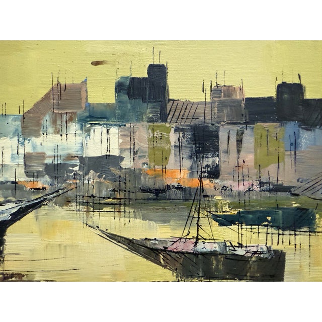 This vintage oil painting, featuring a harbor scene and signed "Collins", appears to be in the style of Mid-Century Modern...