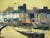 This vintage oil painting, featuring a harbor scene and signed "Collins", appears to be in the style of Mid-Century Modern...