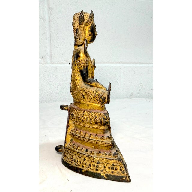 Metal Ntique Early 1800s Gold Gilded Bronze Thai Rattanakosin Buddha Statue Sculpture For Sale - Image 7 of 18