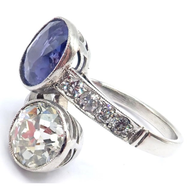 Platinum Vintage Estate Platinum Diamond Sapphire Art Deco Crossover Ring, Size 6.5 For Sale - Image 8 of 10