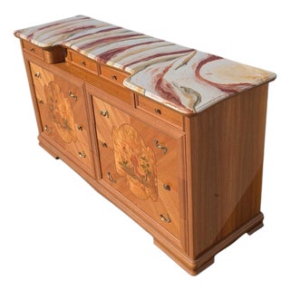 Late 20th Century Postmodern Lacquer Dresser With Faux Marble Top and Neoclassical Inlays For Sale