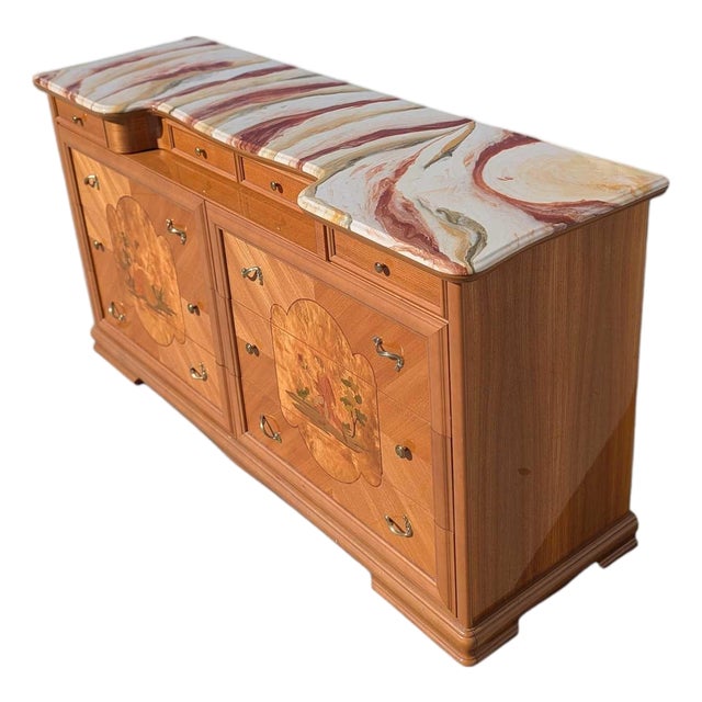 Late 20th Century Postmodern Lacquer Dresser With Faux Marble Top and Neoclassical Inlays For Sale