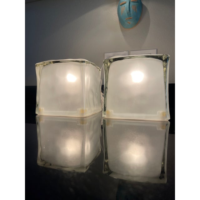 Mid-Century Modern Postmodern Swedish Ice Block Cube Lamps Satin Glass Set of 2 For Sale - Image 3 of 12