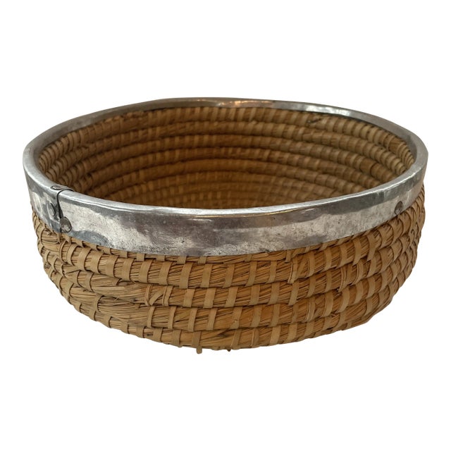 Handwoven Coil Basket With Metal Band 12" For Sale
