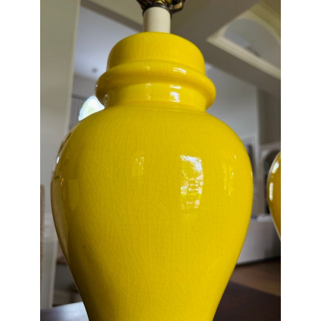 Pair Vintage MCM Yellow Crackle Glaze Ceramic Ginger Jar Table Lamps For Sale - Image 12 of 12