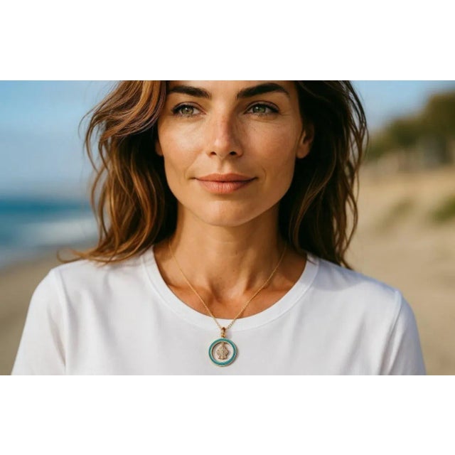 Metal 18k Yellow Gold Aaron Basha Vintage Diamond Enamel Hamsa Charm Necklace Pendant For Sale - Image 7 of 8