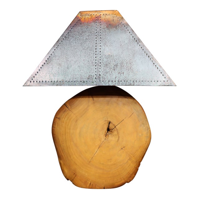 Mid 20th Century Mid Century Modern Oversized Live Edge Wood Table Lamp With Patinated Copper Shade For Sale