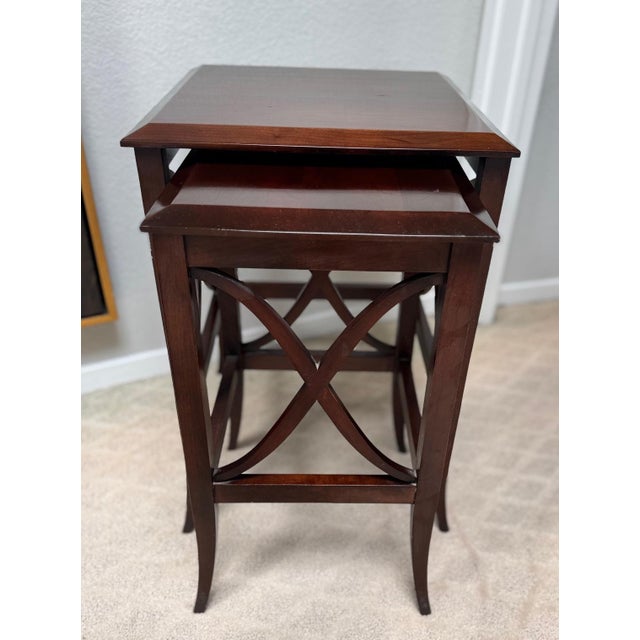 Transitional Pair of Mahogany Nesting Tables With Curved X-Form Base, Transitional Style For Sale - Image 3 of 9