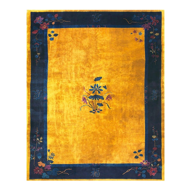 1920s Gold Floral Modern Antique Chinese Art Deco Rug 9'0" X 11'4" Hand Knotted Wool Carpet For Sale