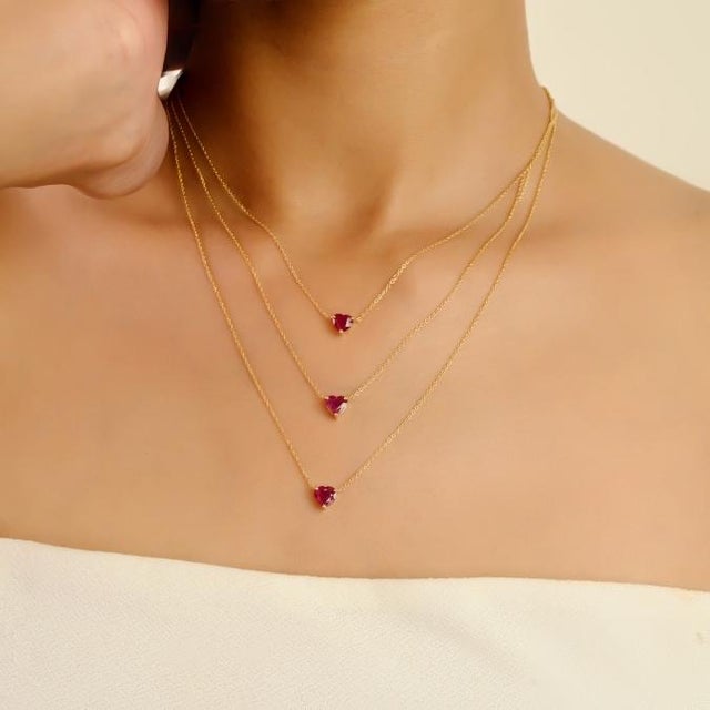 Ruby Red 1 Carat Heart-Cut Red Ruby Necklace by VRJewels in 14k Solid Gold- 18 Inch Length For Sale - Image 8 of 17