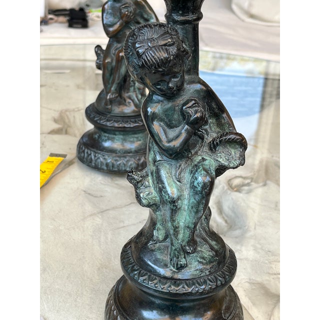 Bronze Vintage French Style Patinated Brass and Bronze Figural Cherub Putti Candlesticks - A Pair For Sale - Image 8 of 13